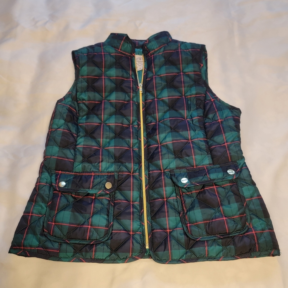 St. John's Bay Green Plaid Quilted Vest Pockets Tartan Full Zip‎ Medium Winter